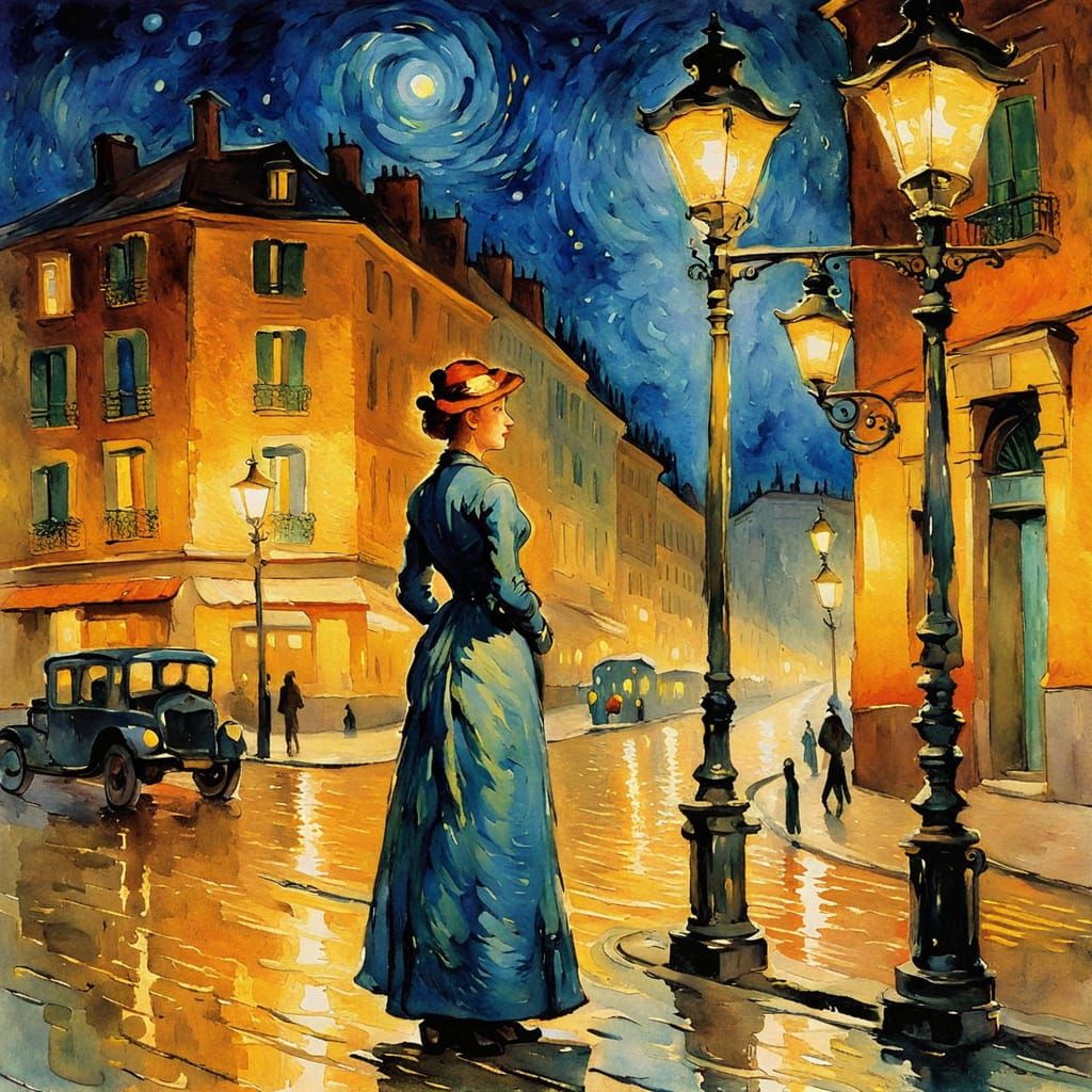Woman by Street Lamp: Impressionist Watercolor