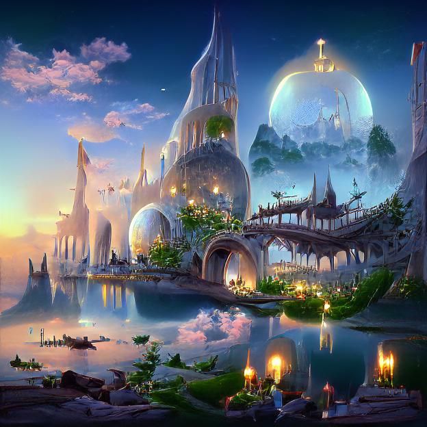Solarpunk Castle with Fireworks, Digital Painting