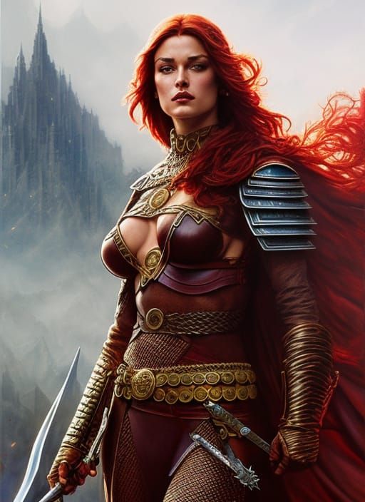 Red Sonja in Hyperrealistic Dark Fantasy Art