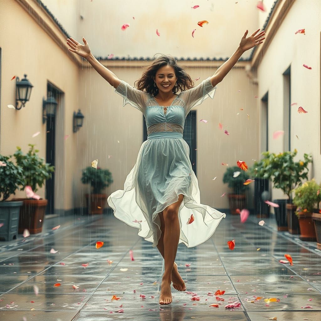 Woman Dancing in Rain, Vintage Watercolor Sketch