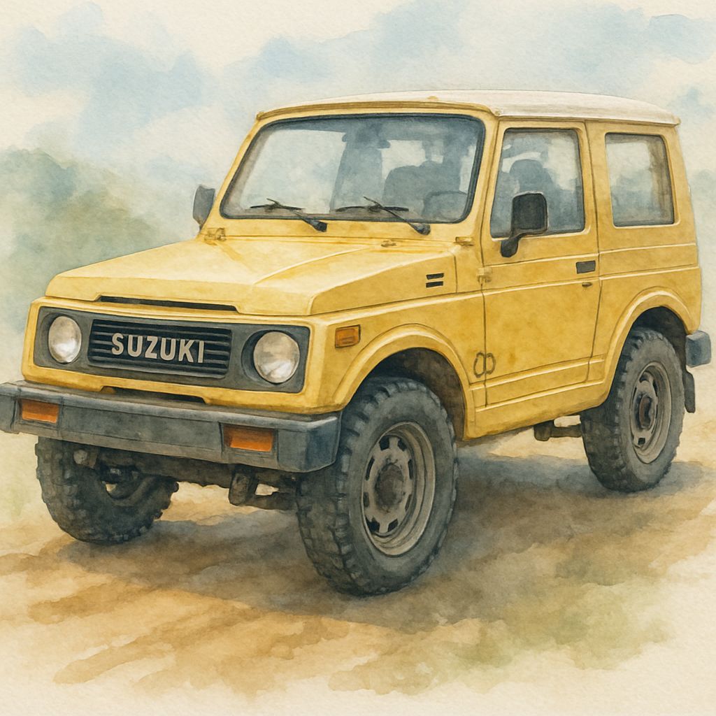 Yellow Suzuki SJ410 4x4 on Dirt Road in Watercolor