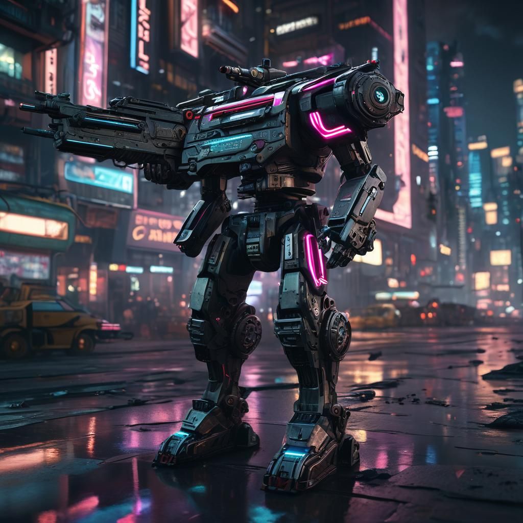 Cyberpunk Gun in 80s Miami Neon Cityscape