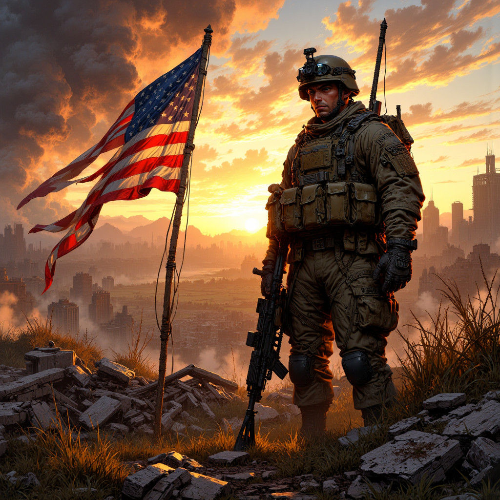 U.S. Soldier on Battlefield at Sunset