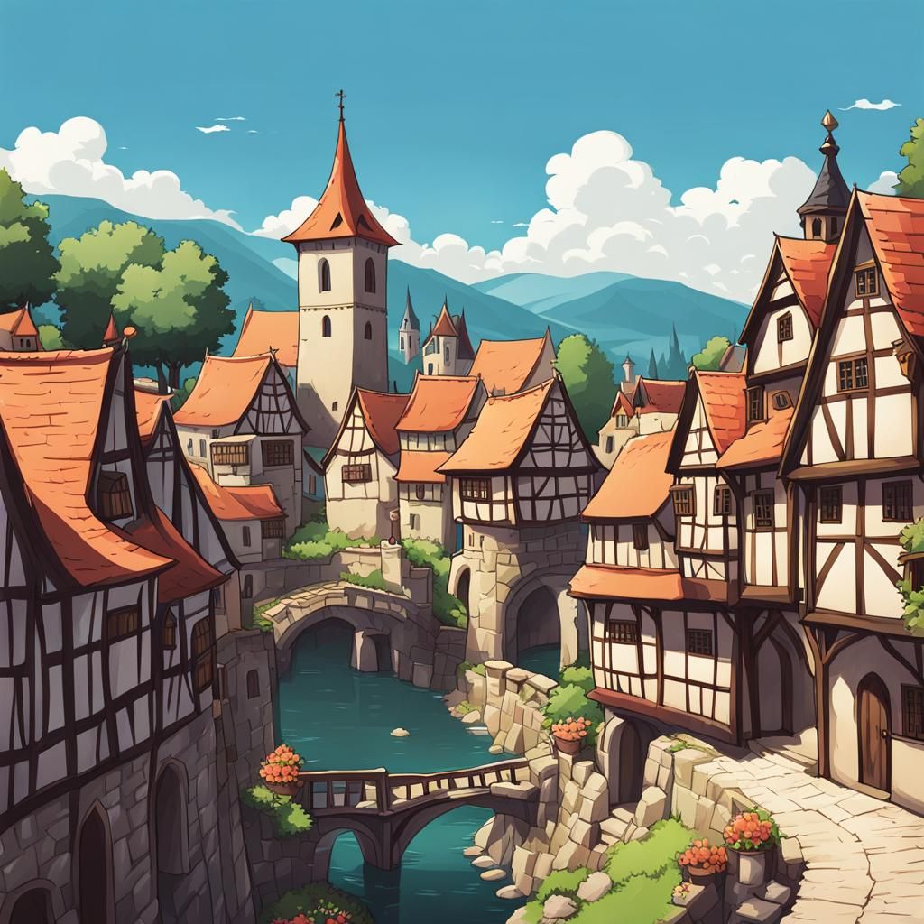 Charming Medieval Town in Cute Anime Style