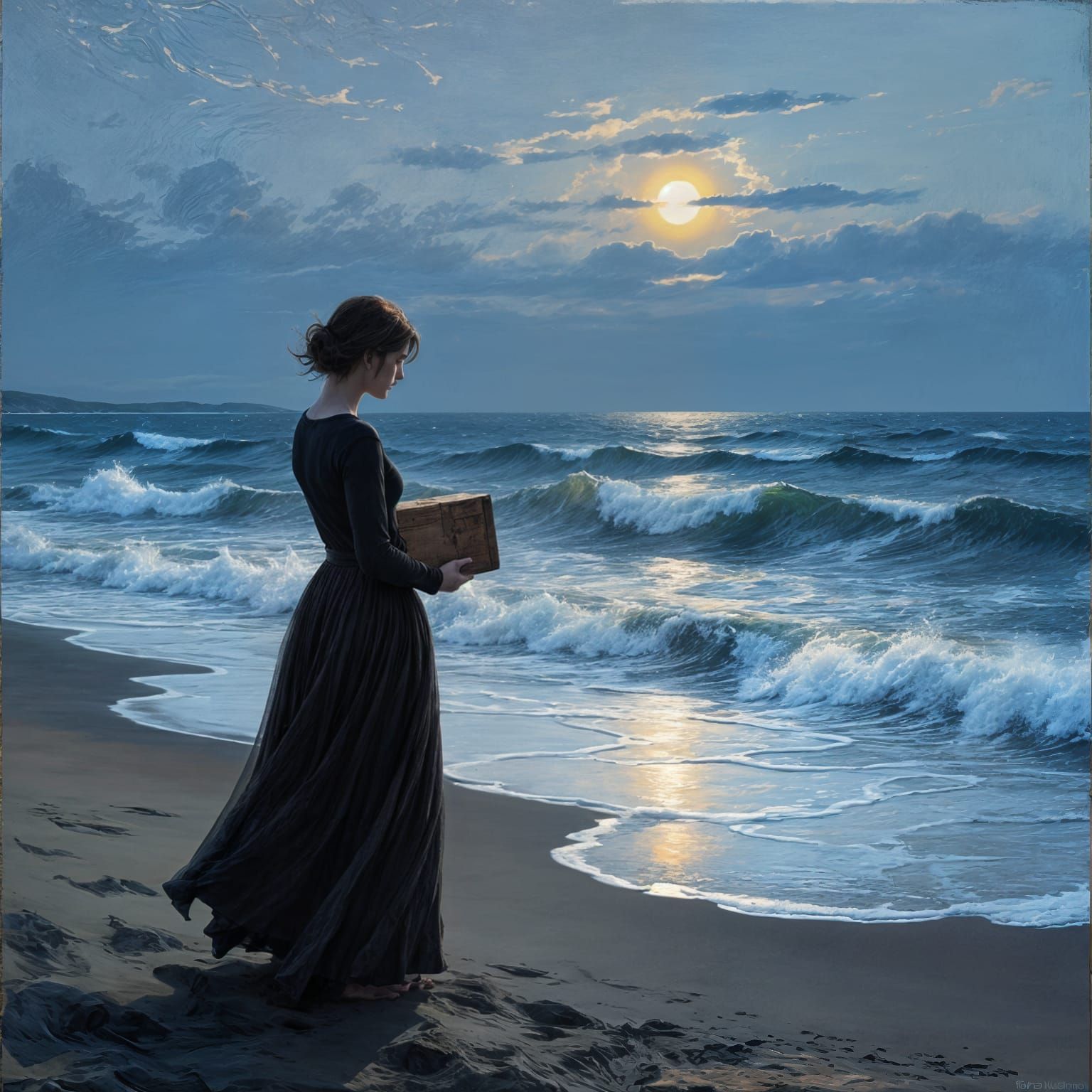 Expressionist Oil Painting of Woman on Windswept Beach at Du...