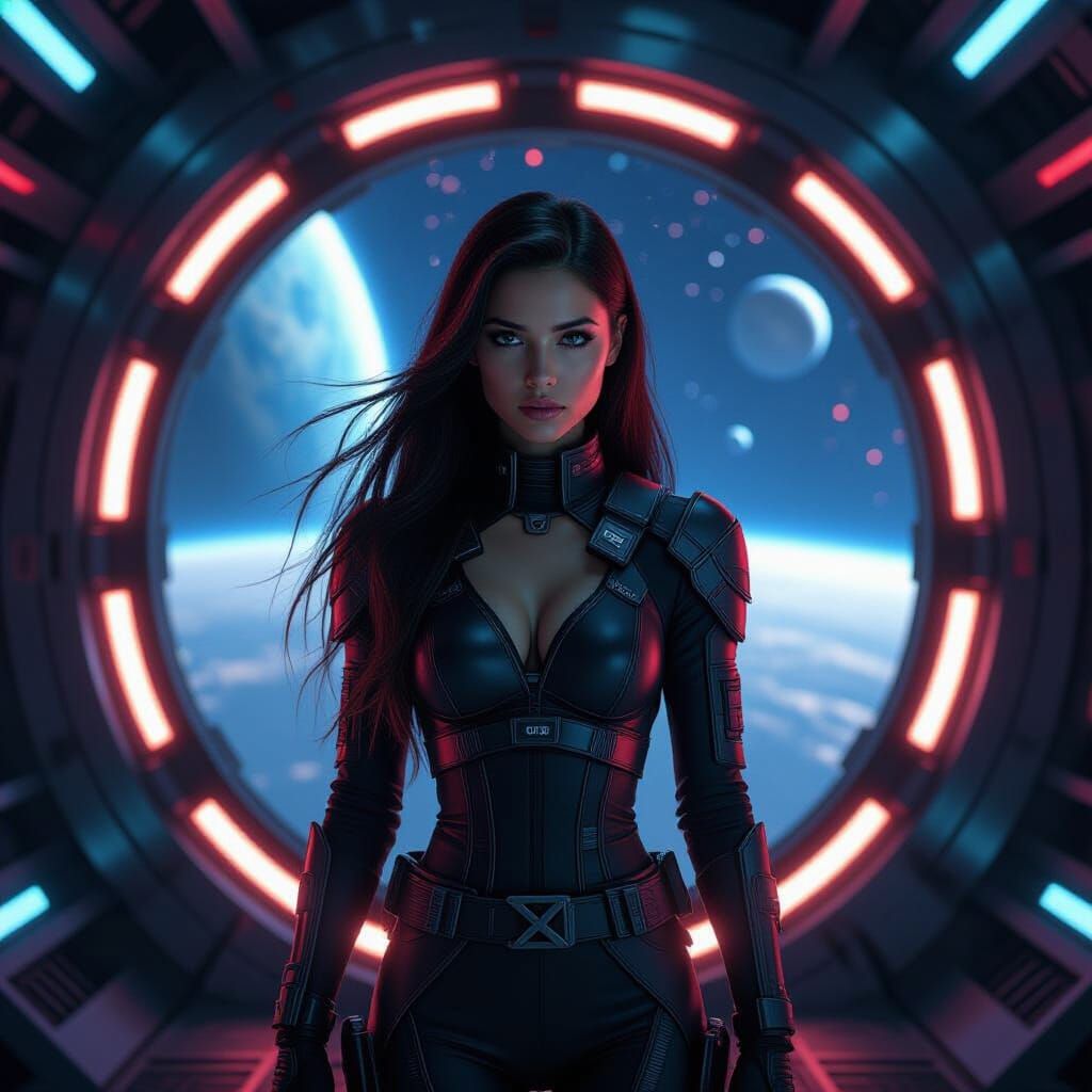 Cyberpunk Girl in Futuristic Space Station Airlock