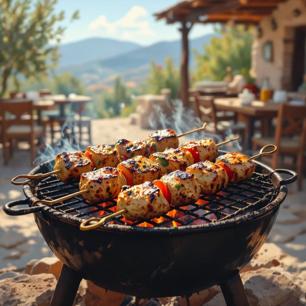 Juicy Souvlakia Sizzling on a Rustic Grill