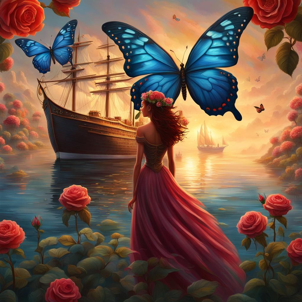 Surreal Girl with Floral Hair Awaits Boat