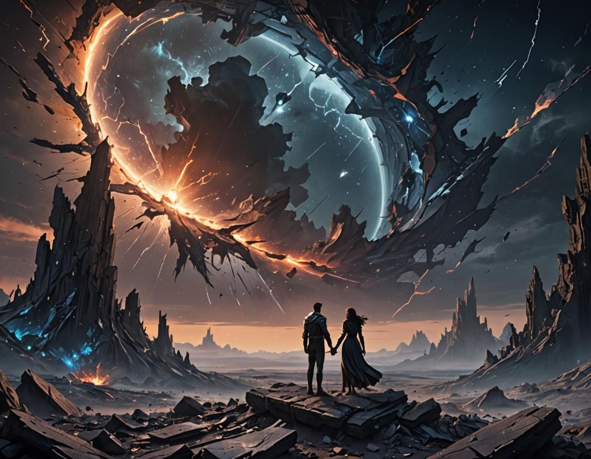 Embrace at the Shattered Cosmos in Detailed Digital Art
