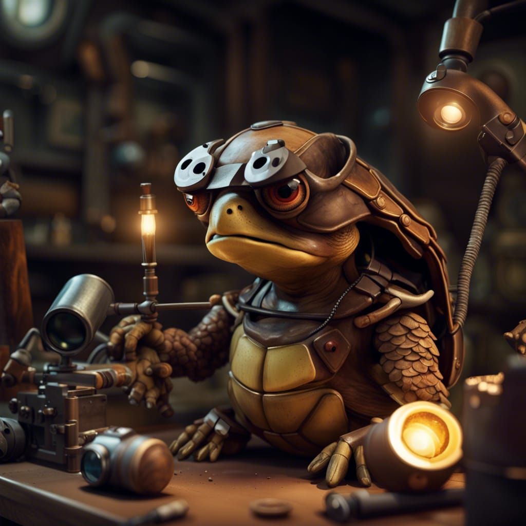 Tortle Artificer in Workshop with Robot Bird