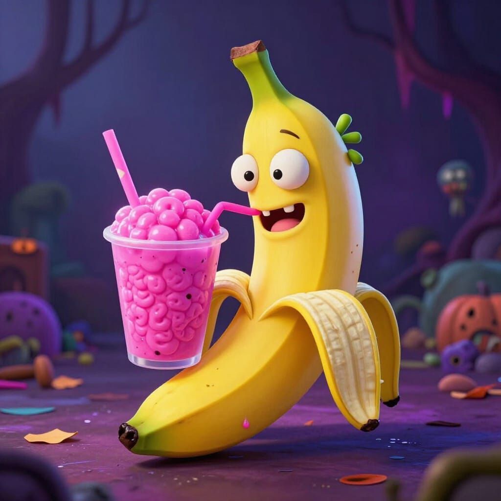 Cartoon Zombie Banana Sips Neon Smoothie