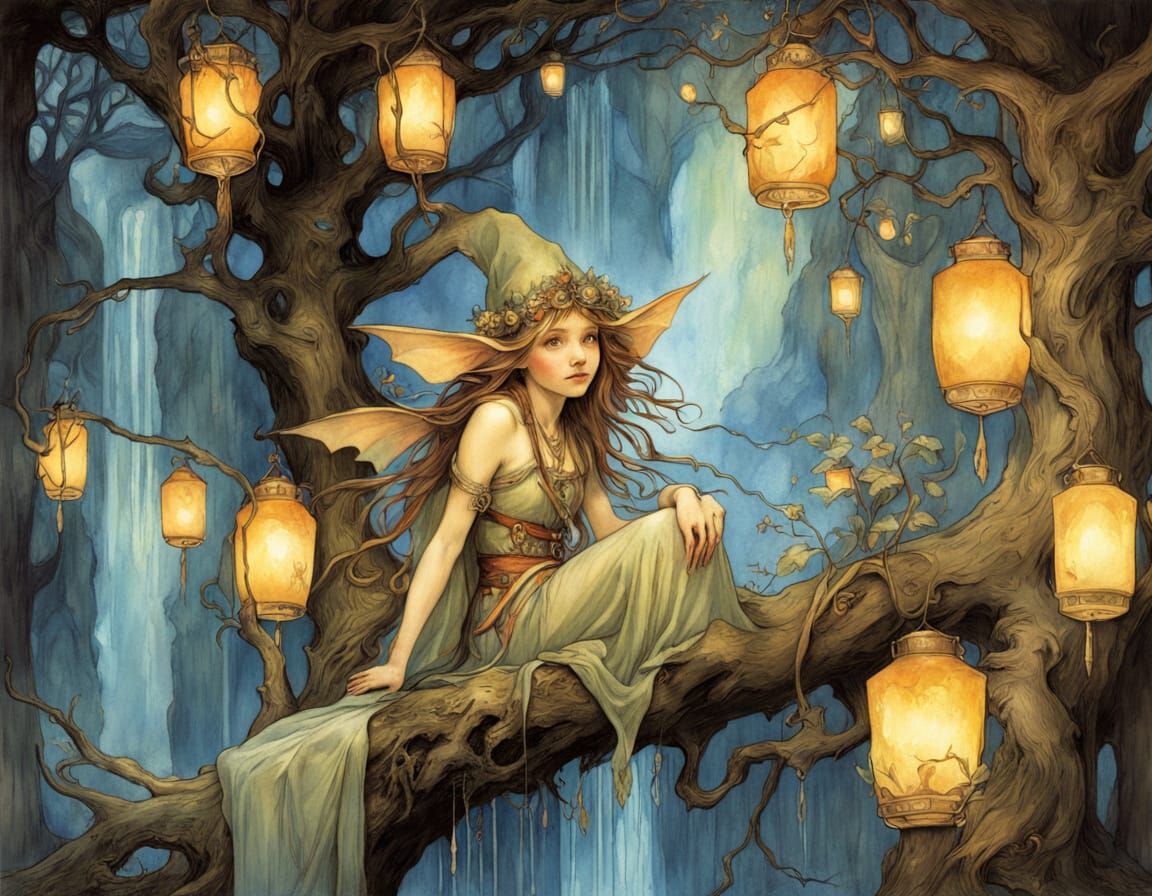 Elven City in Oak Tree: Whimsical Fantasy Art