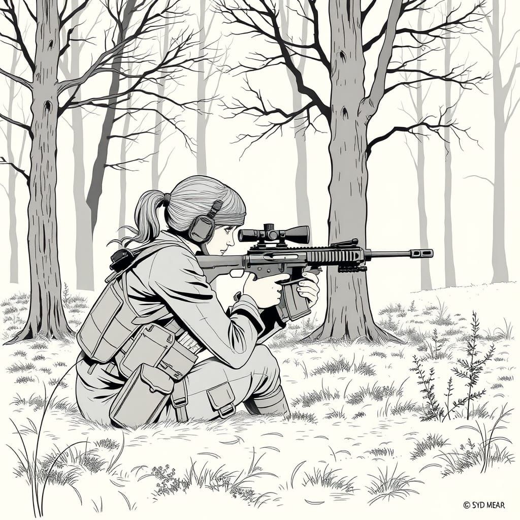 Serene Sniper in Tactical Uniform, Black-and-White Outlines