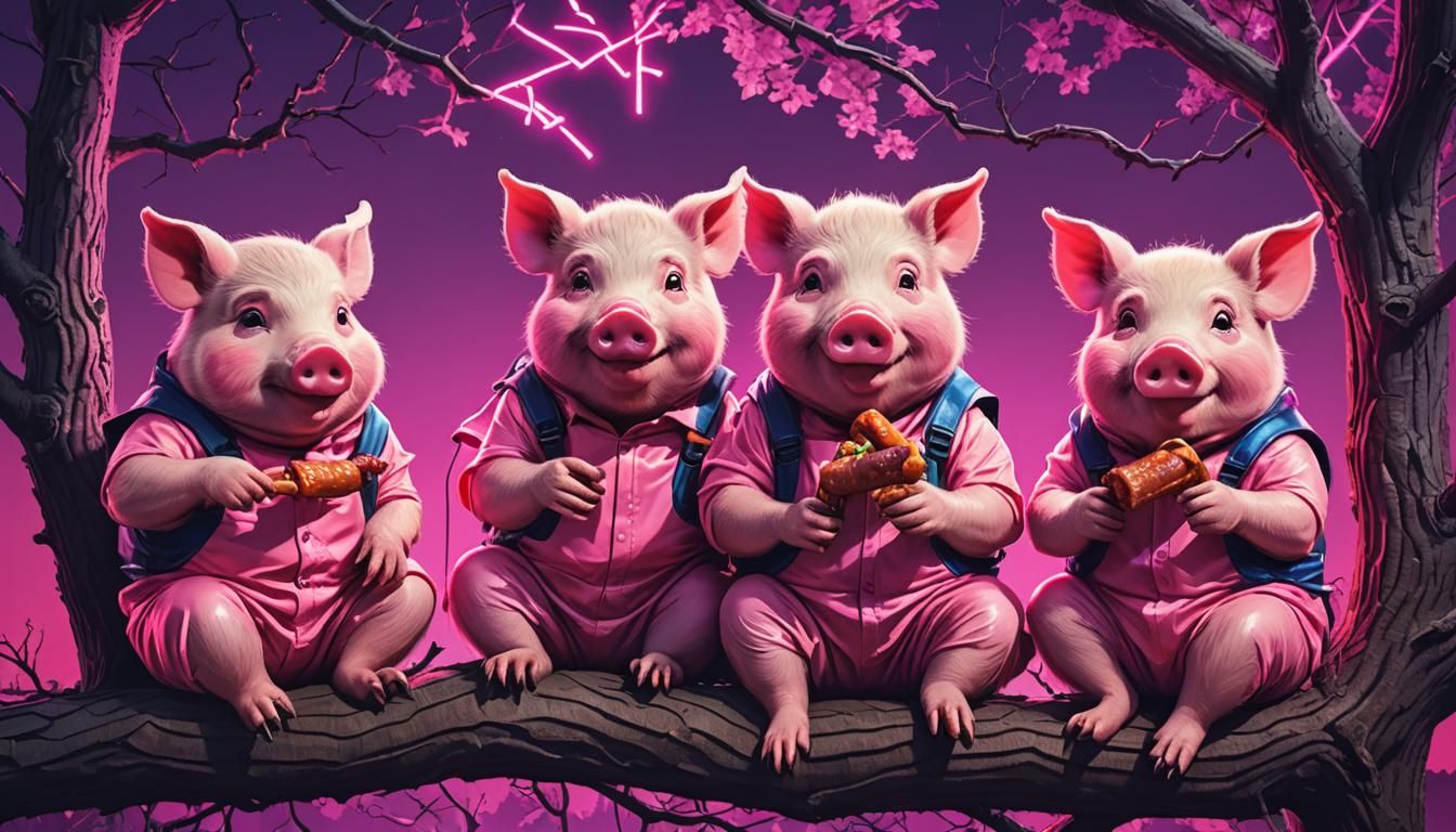 Cheerful Pigs Eating Sausage in Synthwave Style