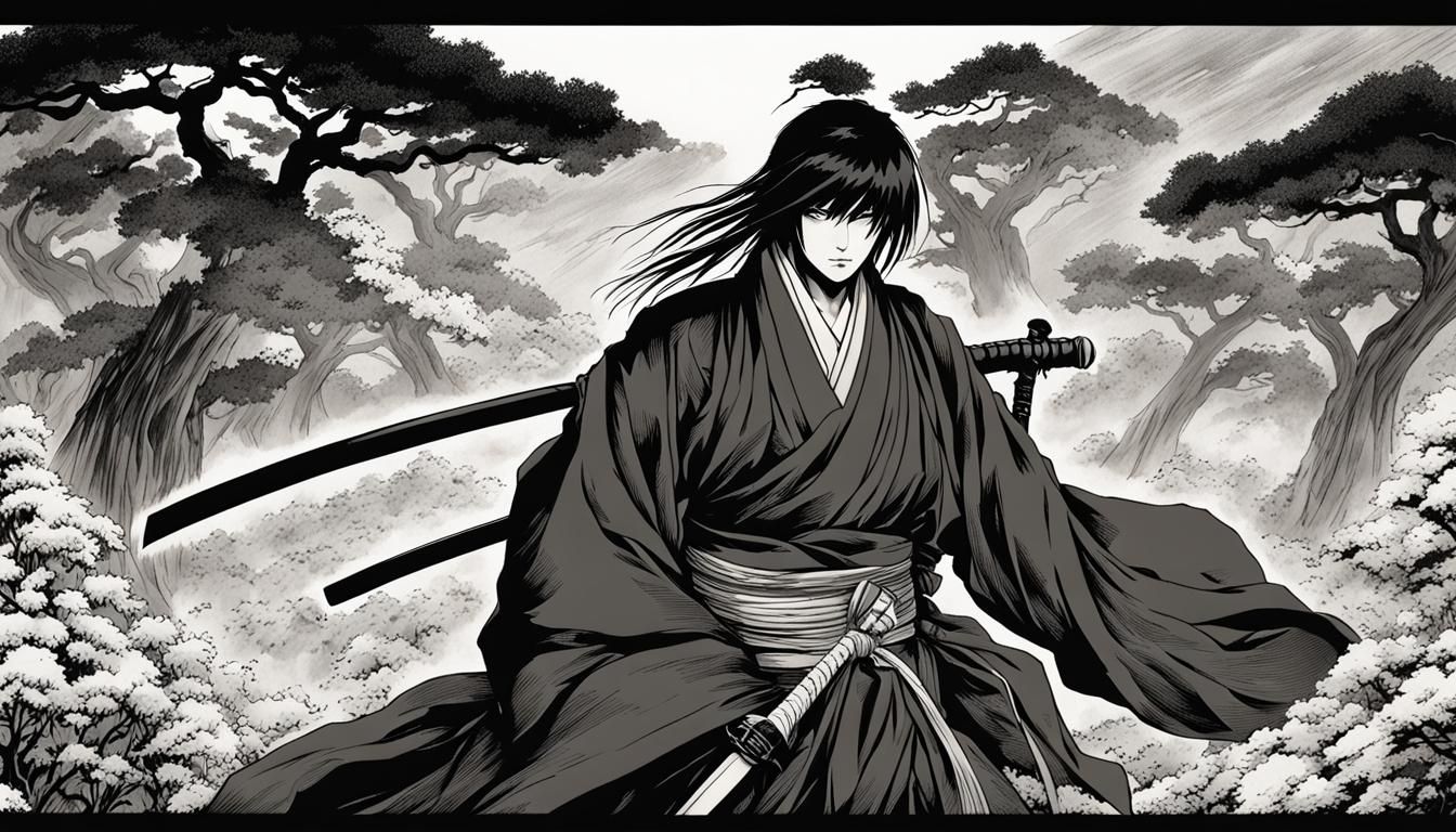 Fierce Warrior in Misty Graveyard, Ink and Brush Style