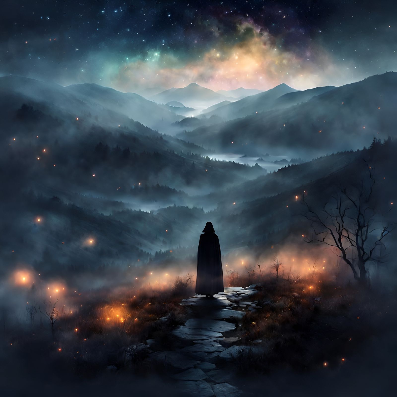 Ethereal Valley Under Ominous Night Sky