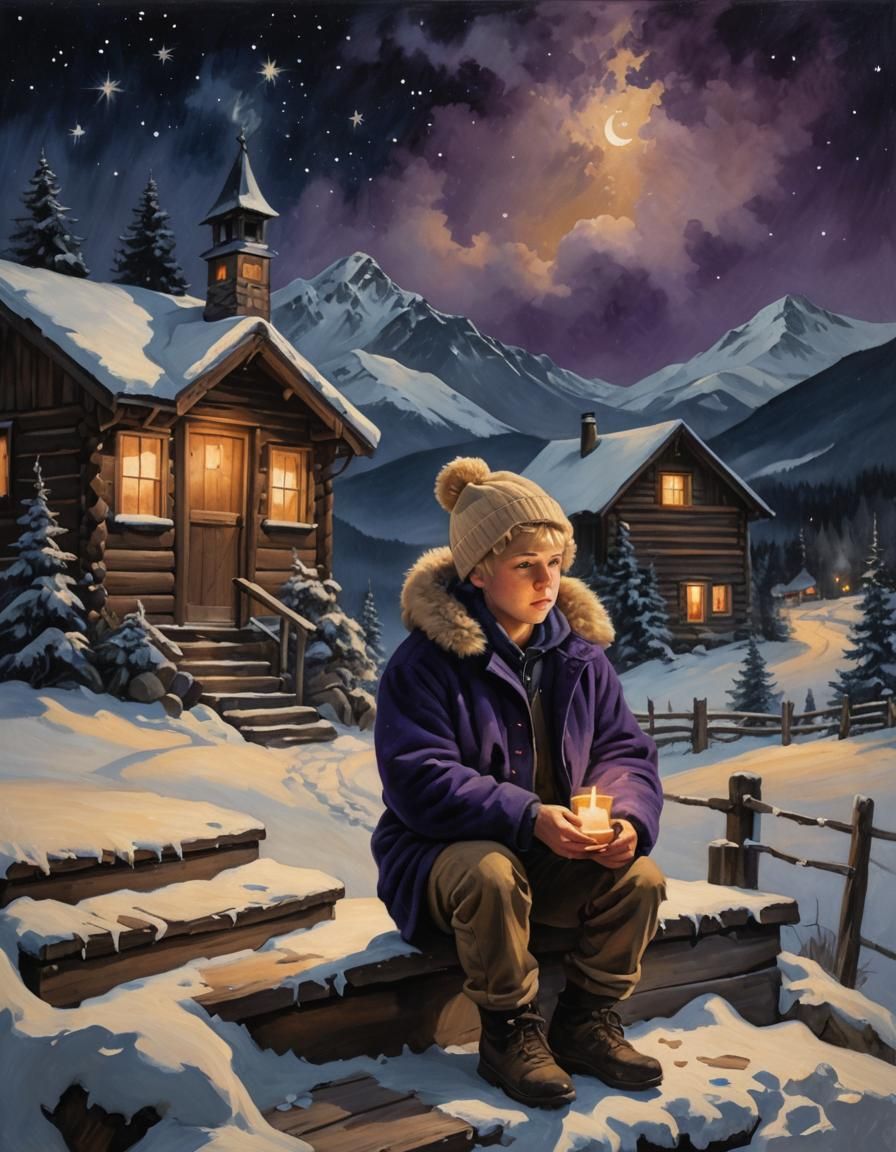 Boy with Candle in Snowy Mountain Landscape