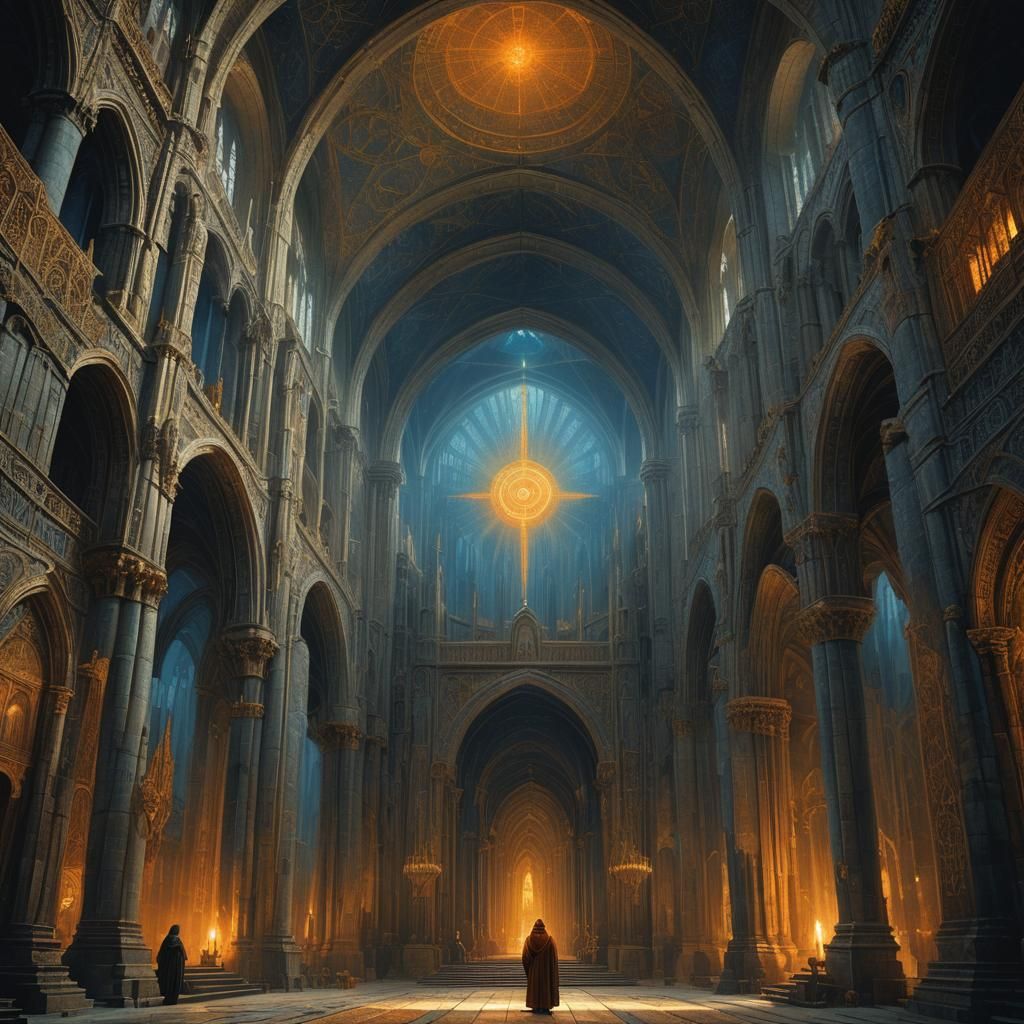 Mysterious Hooded Figure in Ornate Fantasy Hall