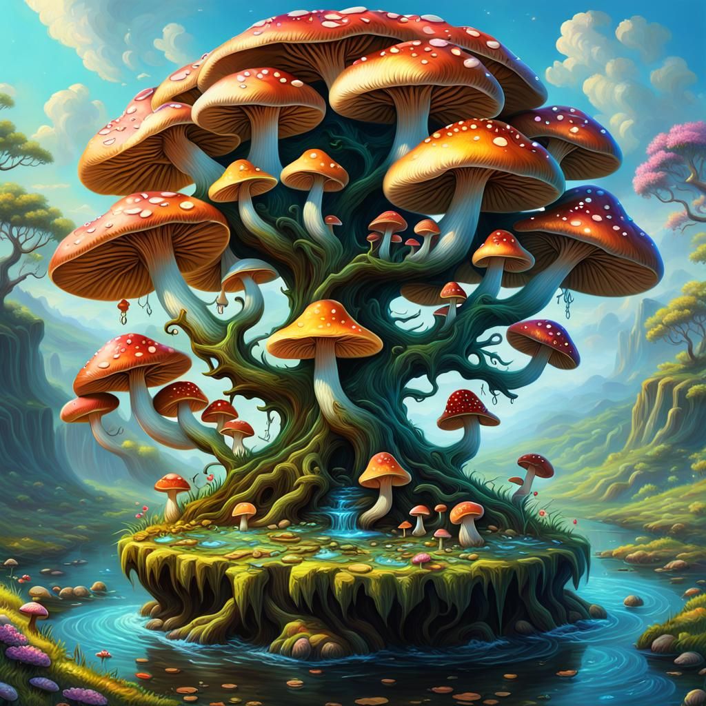 Tree of Life Surrounded by Mushrooms: Fantasy Art