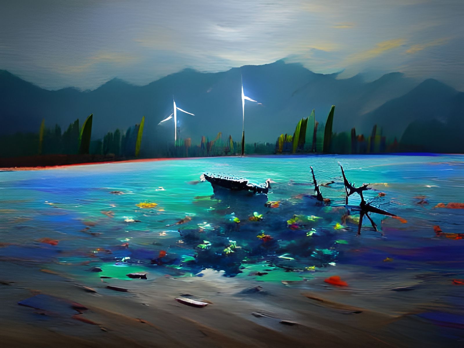 Stars Reflected in Ocean: Minimalist Oil Painting