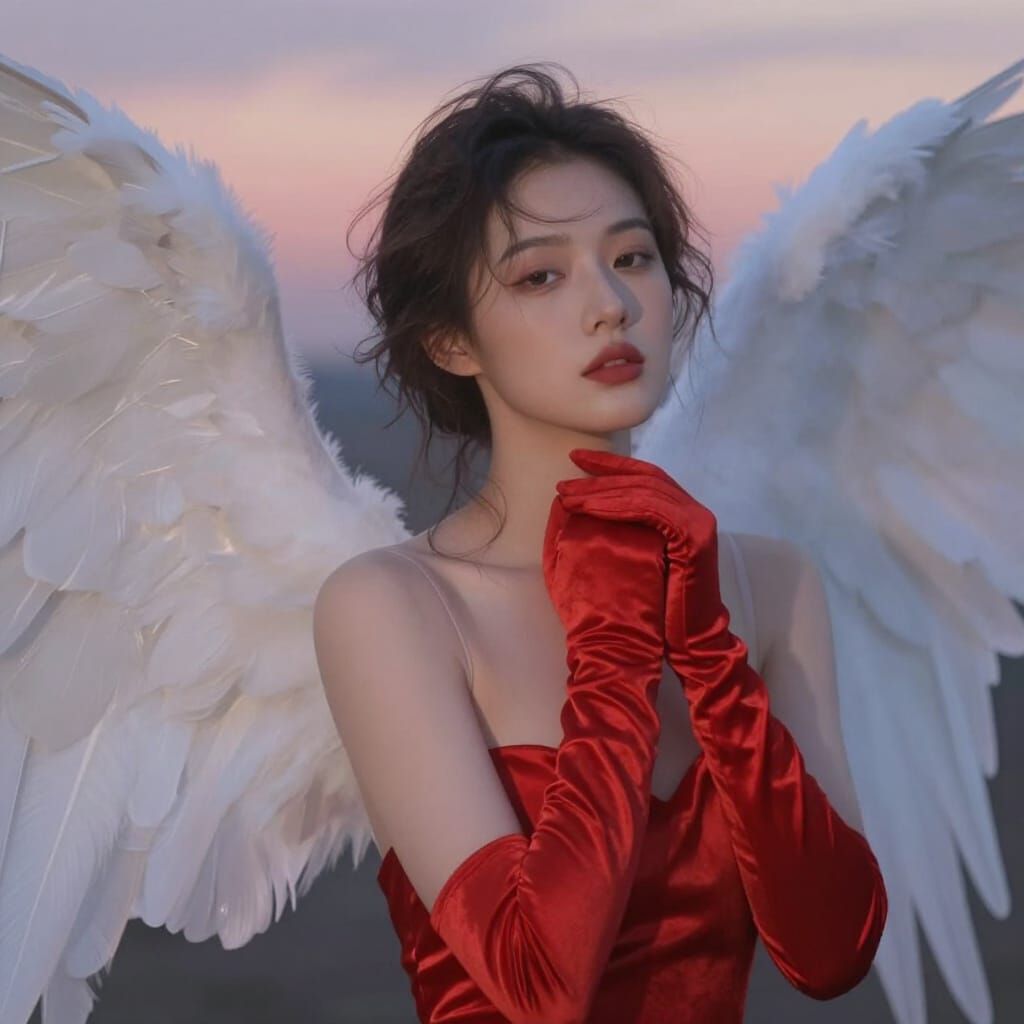 Ethereal Woman with Feathered Wings and Red Gloves