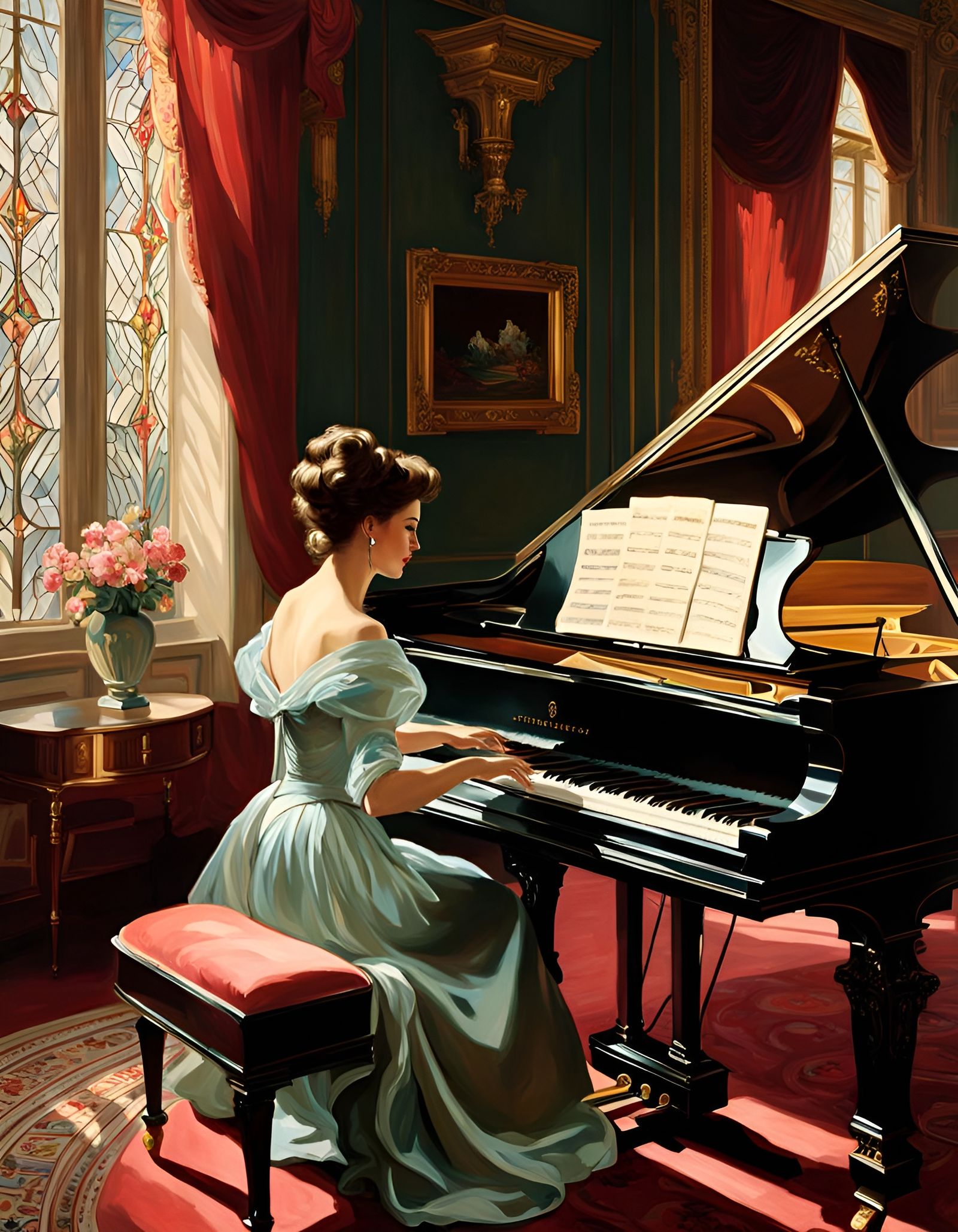 Woman at Grand Piano in Oil Painting Style