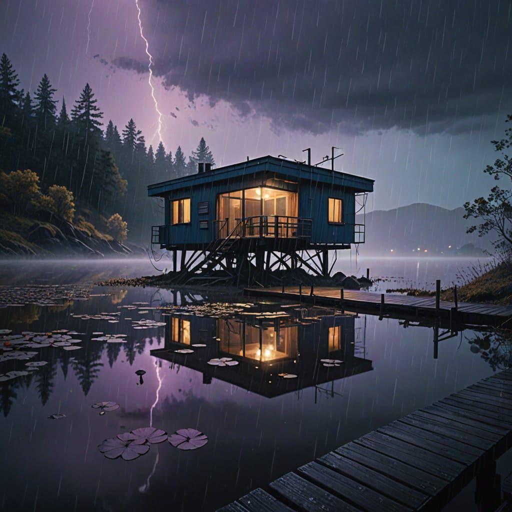 Mystical Lake Cabin in Rainy Night