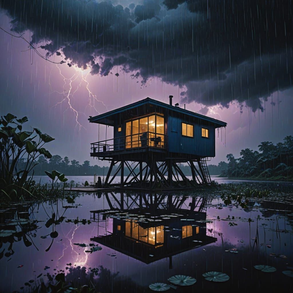 Moody Futuristic Cabin Amidst a Stormy Lotus-Filled Lake