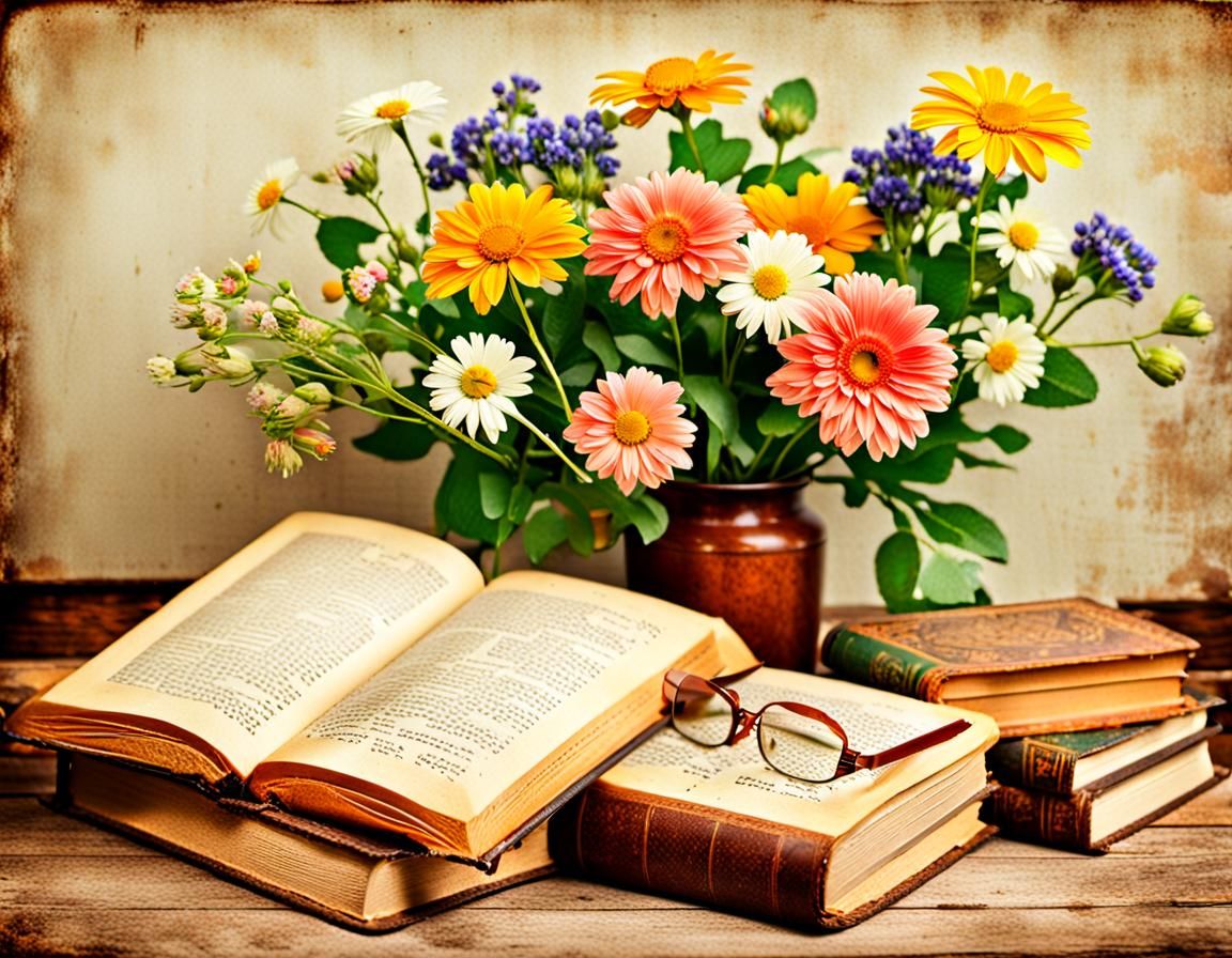 Vintage Books and Flowers Still Life