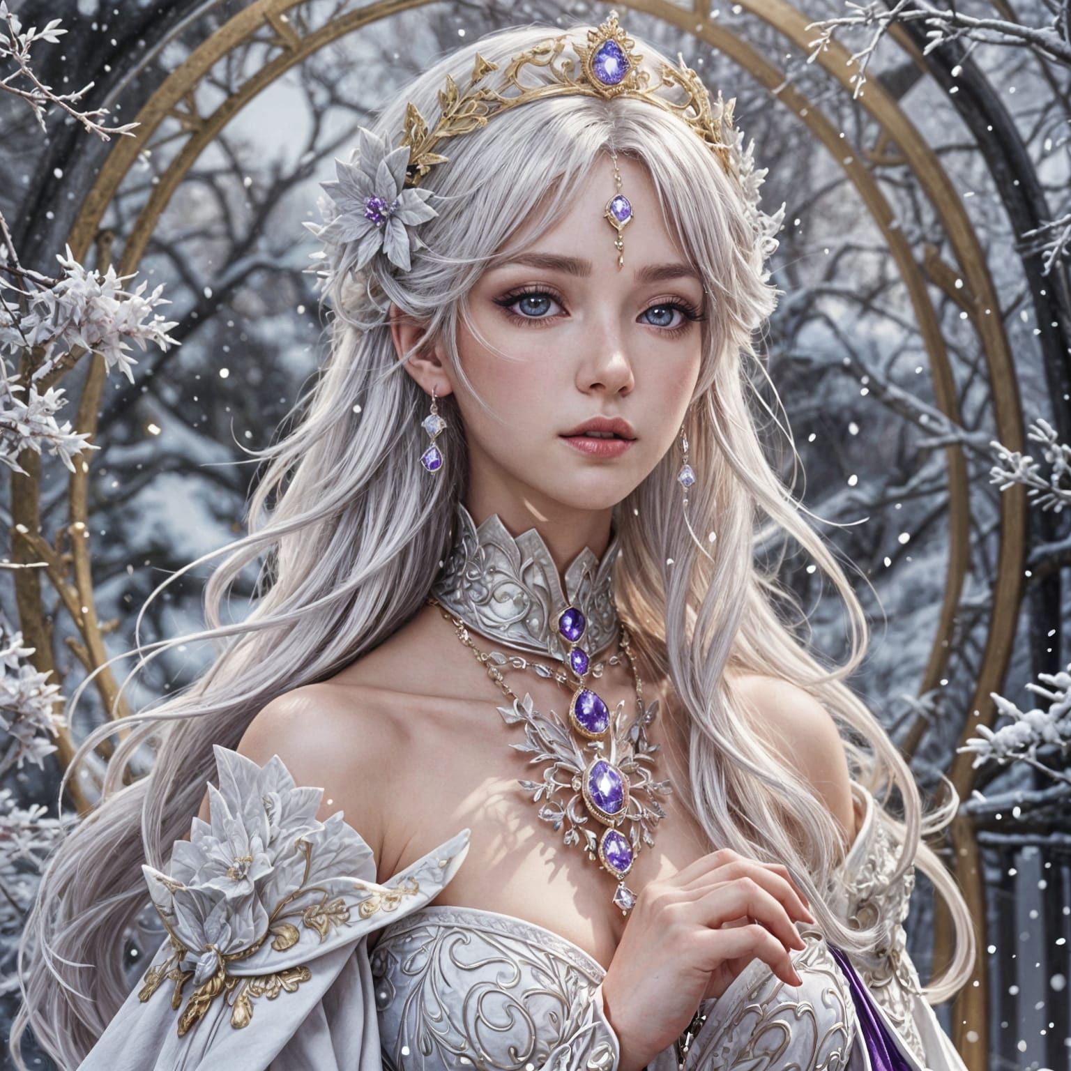 Anime Princess with White Hair in Winter