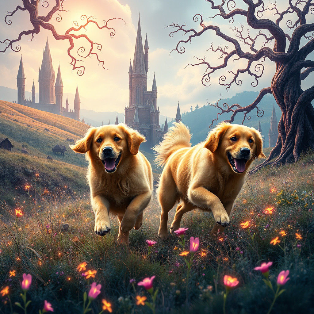 Golden Retrievers in a Dreamlike Fantasy Landscape