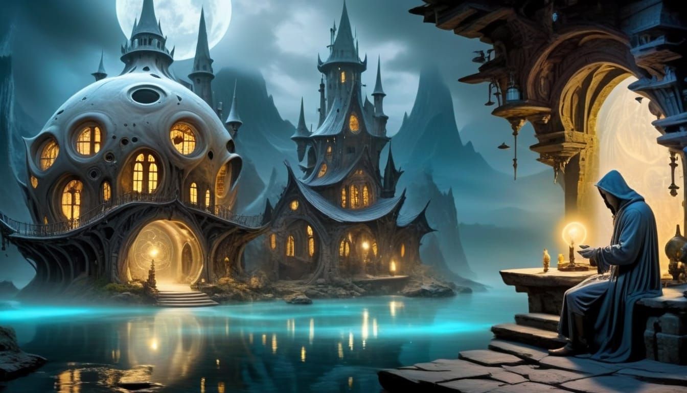 Mysterious Alchemy Lab with Hooded Figure