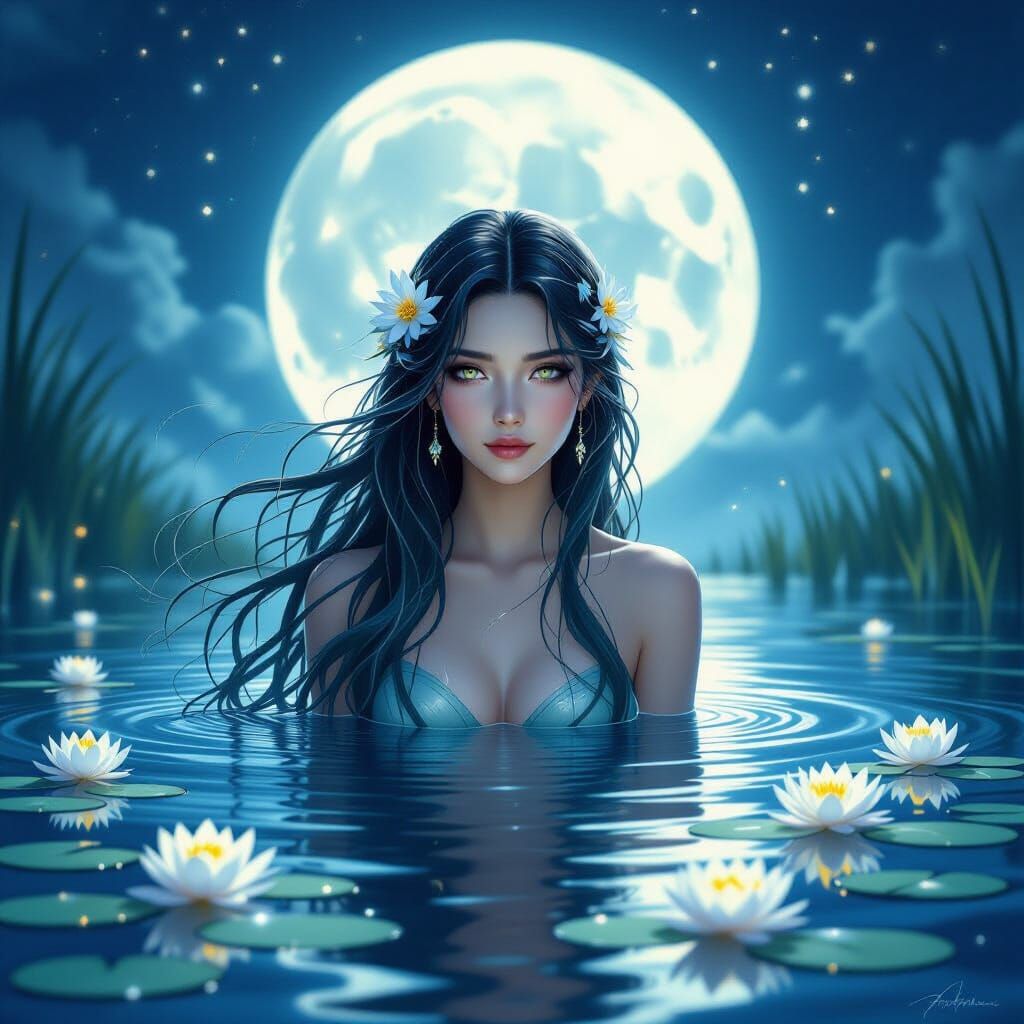 Moonlit Water Spirit Emerges from Lake