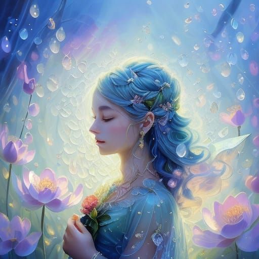 Whimsical Oil Painting of a Fairy in Dewdrop Paradise