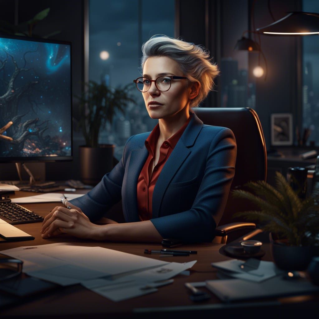 Female CEO at Desk: Fantasy Concept Art