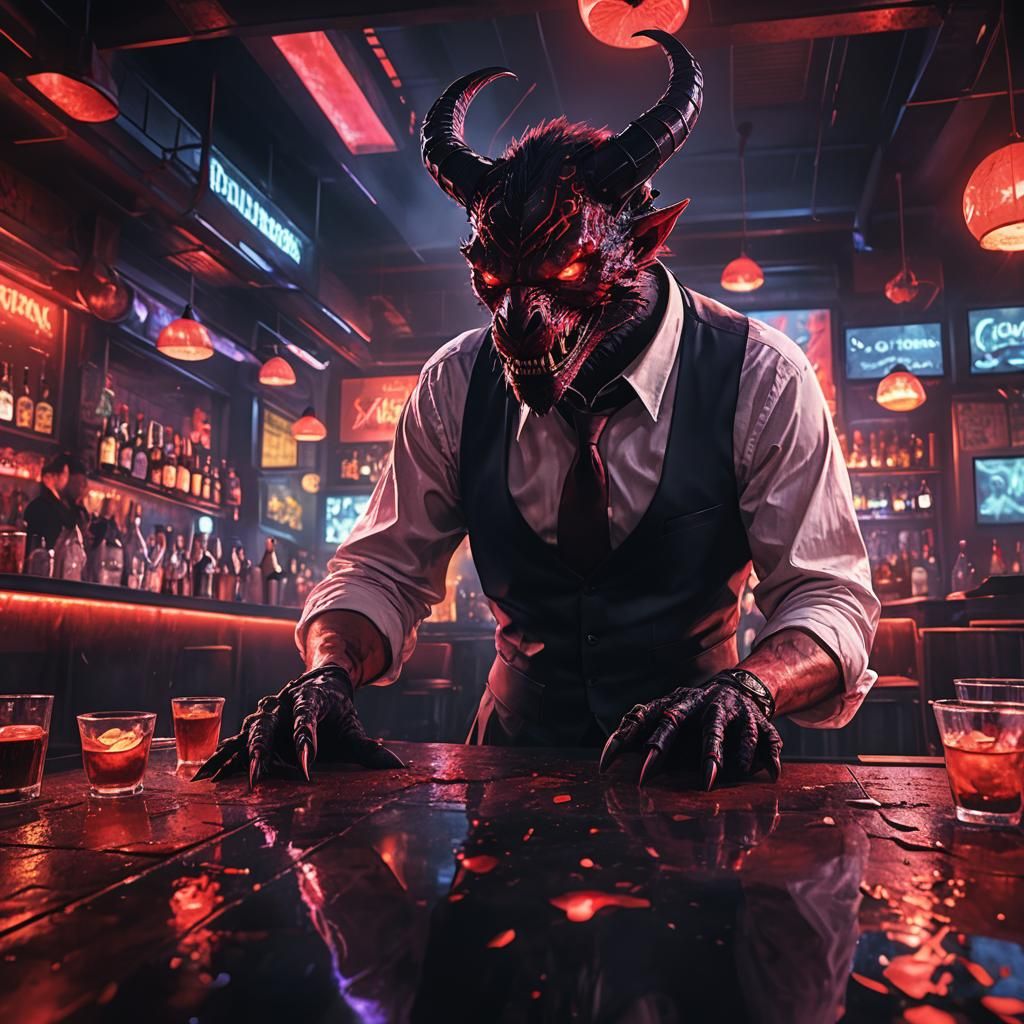 Surreal Demonic Bartender Shines in Neon City Nightclub