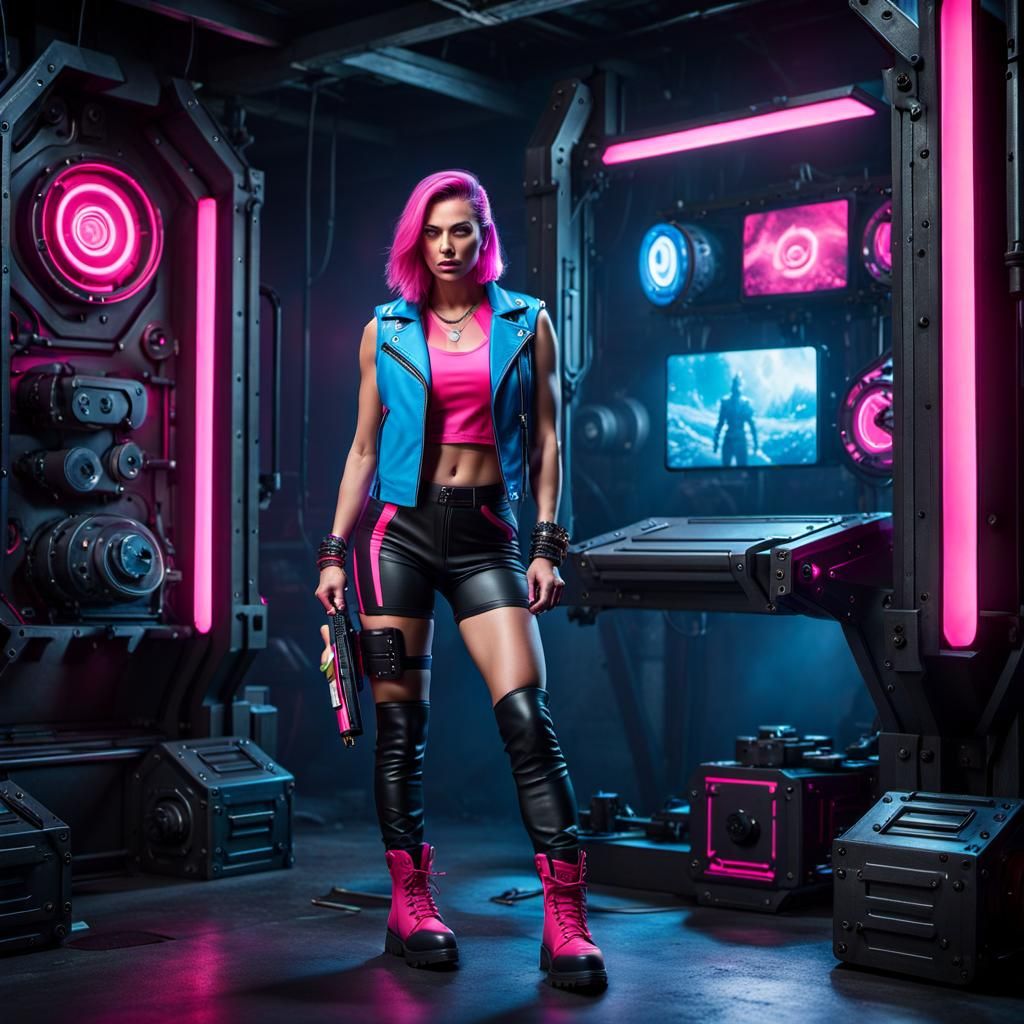 Young female Android wearing puffy neon pink and black sleeveless leather jacket, low cut blue t-shirt, shorts leather b...