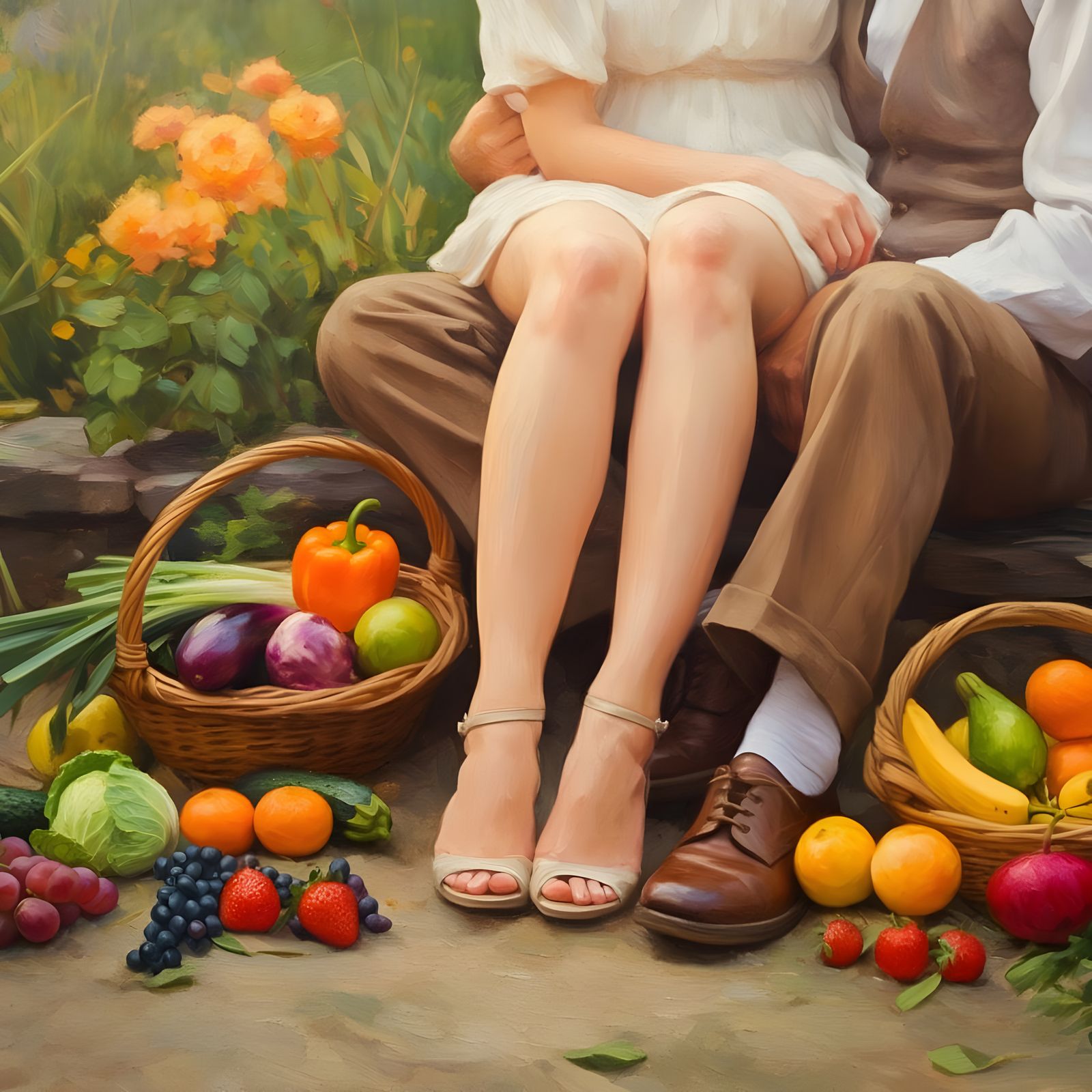 Lovers Amidst Vibrant Produce in Impressionist Harmony