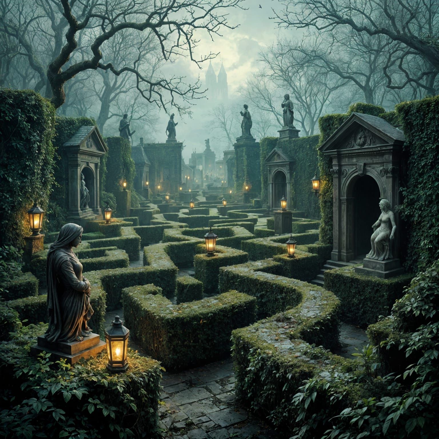 Horror Maze with Hidden Statues