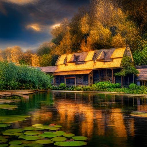Lotus Lake Cabin in Impressionist Style