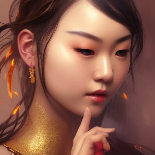 Chinese Woman Portrait with Dragon and Peach Details