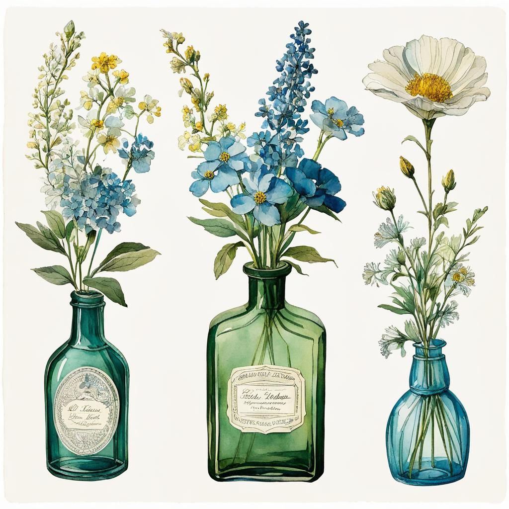 Vintage Bottle with Wildflower Bouquet Watercolor