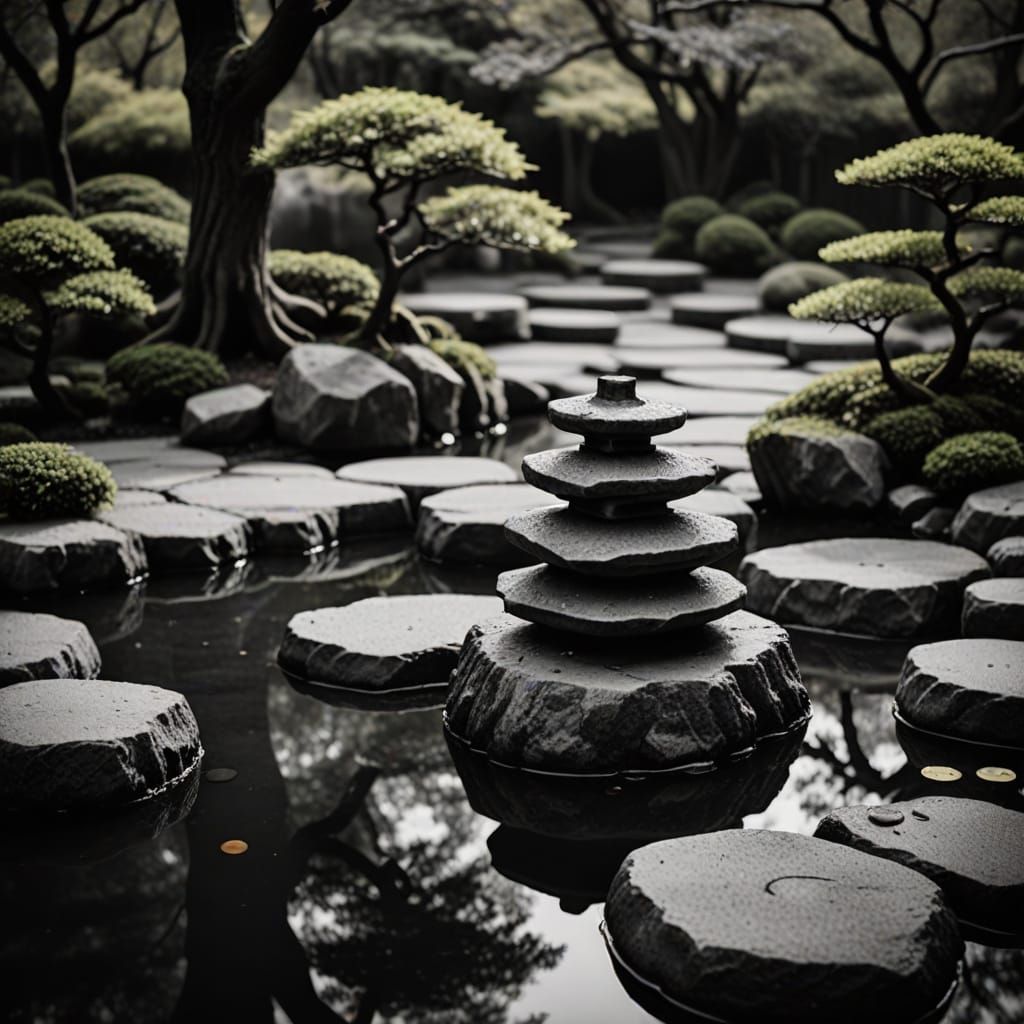 Serene Japanese Garden in Moody Monochrome