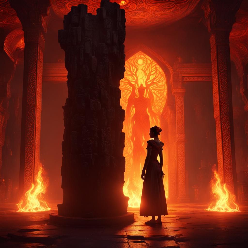 Fiery Silhouette in Underground Temple, Digital Art