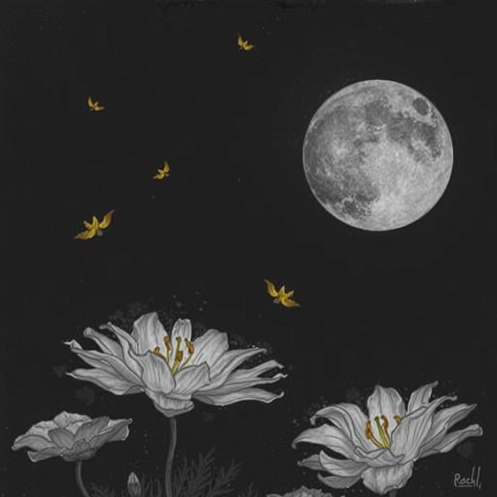 Tusche Lily Silhouette Against Luminous Moon