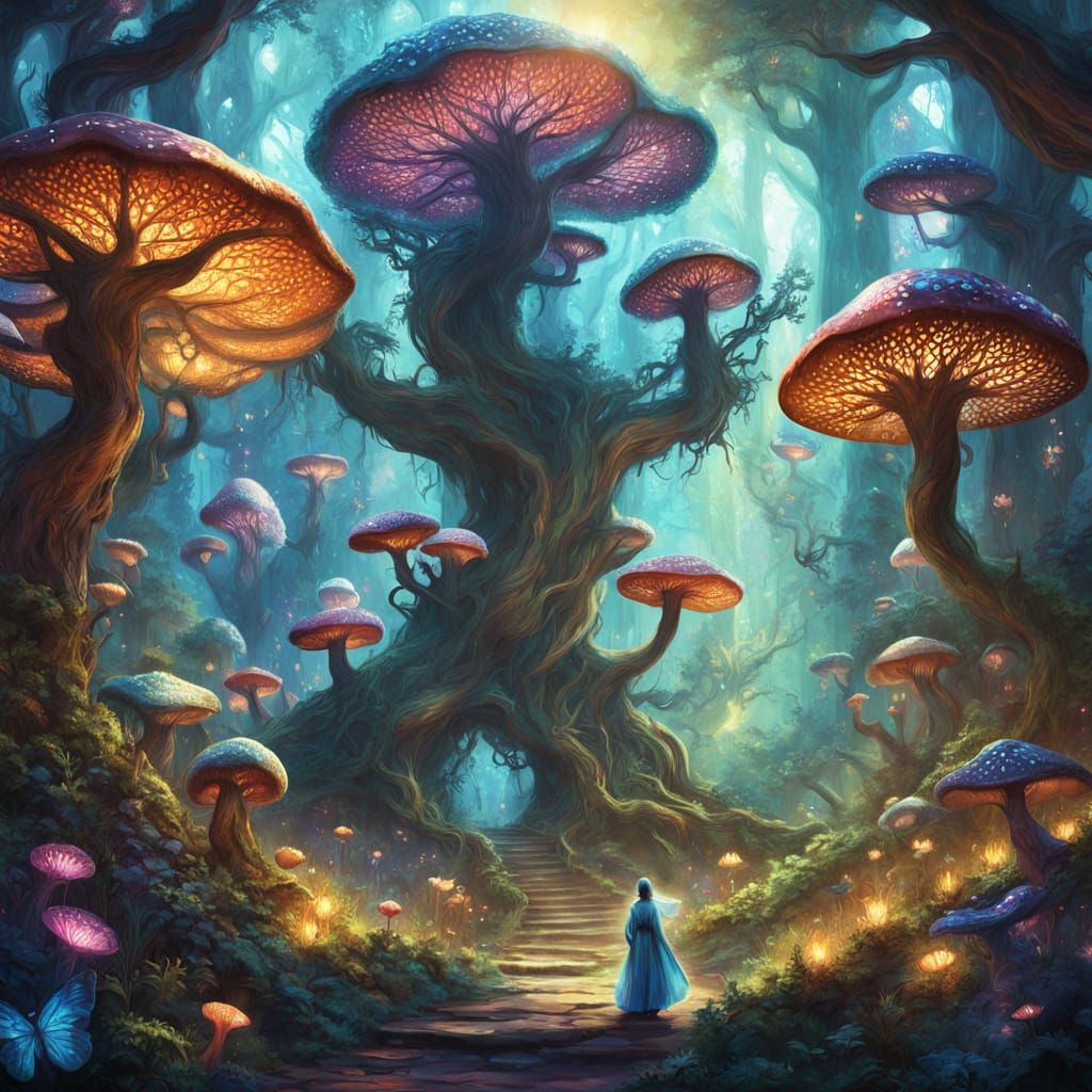 Fantastical Forest with Luminous Flora and Mythical Beasts