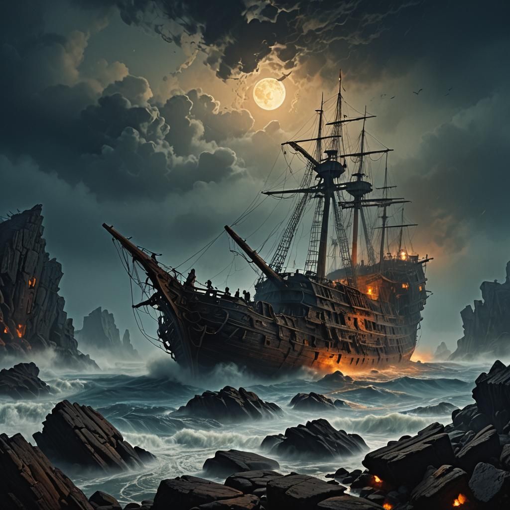 Steam Shipwreck on Rocks: Dark Fantasy Matte Painting