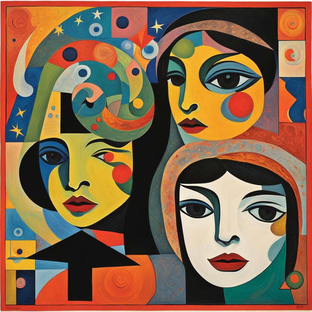 Abstract Girls with Geometric Stars in Naive Art Style