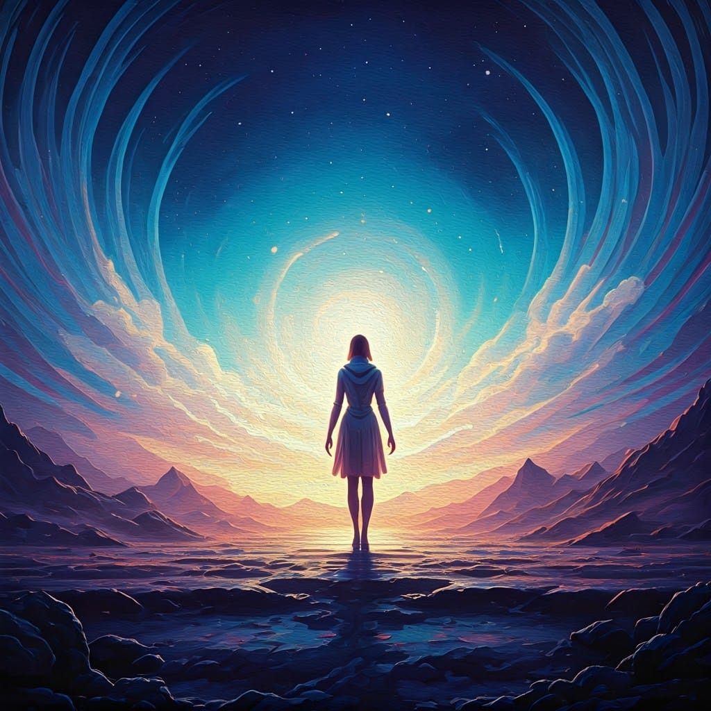 Ethereal Landscape with Celestial Figure in Maximalist Style