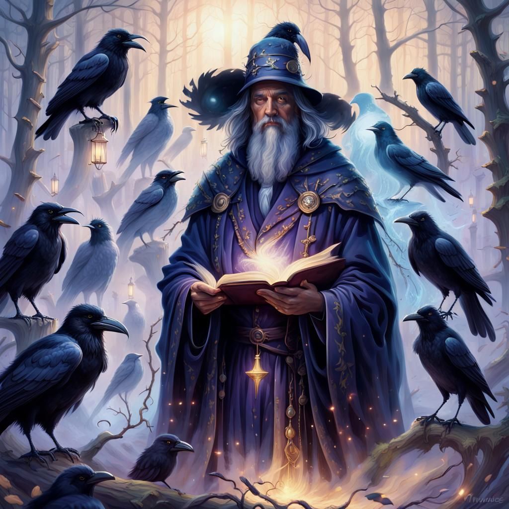 Raven Wizard in Misty Forest, Ethereal Fantasy Art